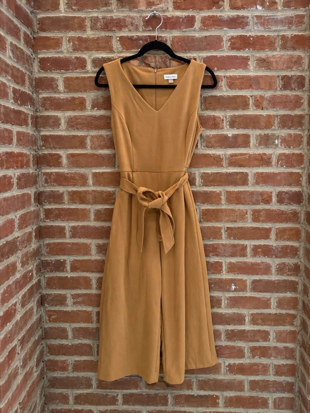 Calvin Klein Sleeveless V-Neck Midi Dress in Camel Brown